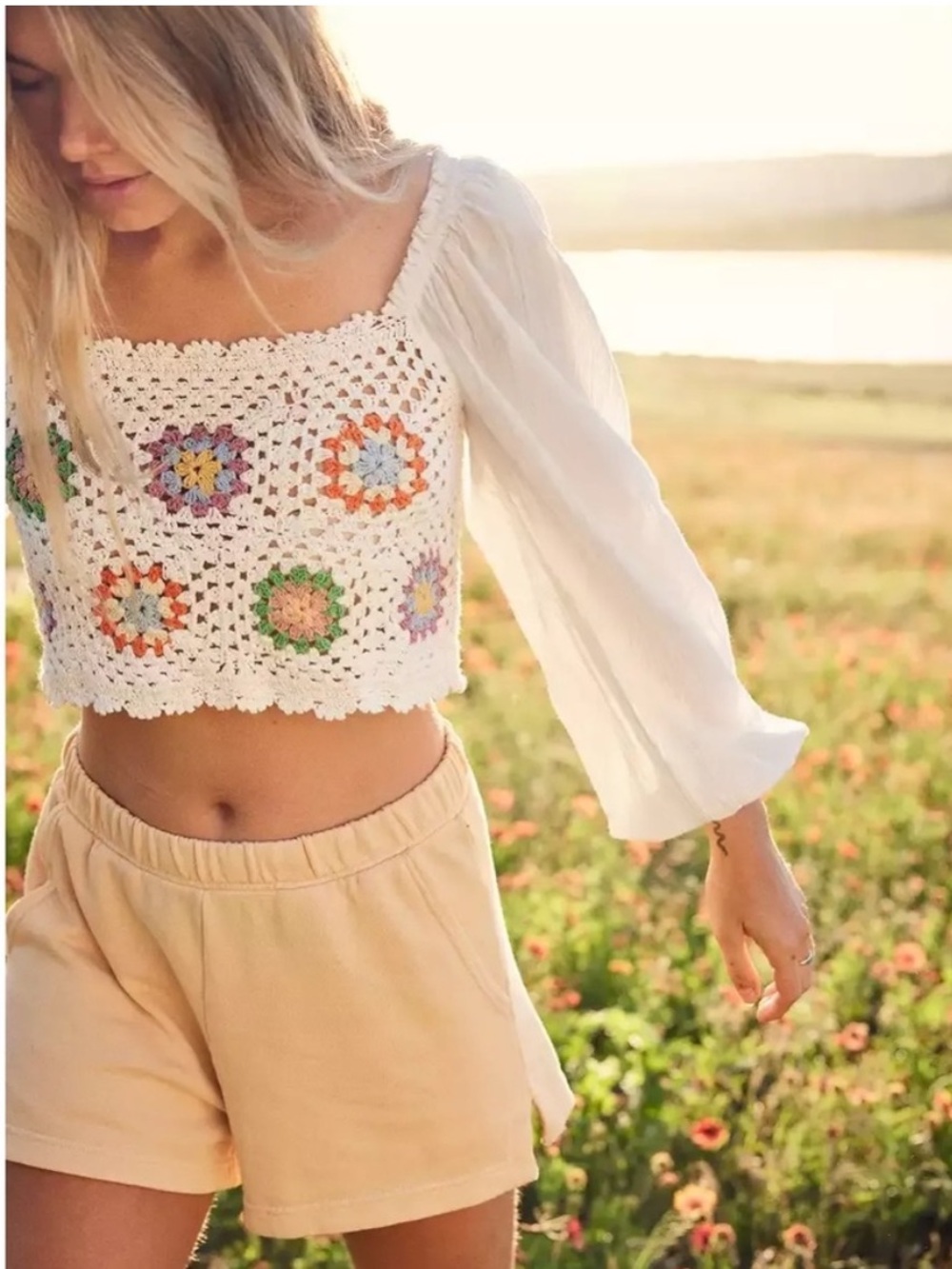 AERIE “Vacay” Crochet Knit Square-Neck Crop Top with Poet Sleeves